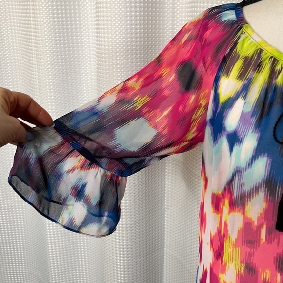 Milly for Design Nation Peasant Top Tie Dye Sheer Tassel Tie Ruffle Sleeves XS - Picture 6 of 11